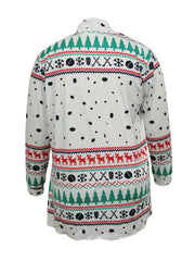Christmas Casual Cardigan Women's Plus Reindeer & Geo Striped Long Sle