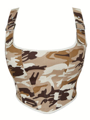 Camo Print Corset Top Sexy Squared Neck Sleeveless Top