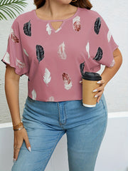 Feather Print Cut Out Short Sleeve T shirt - Women's Plus Size