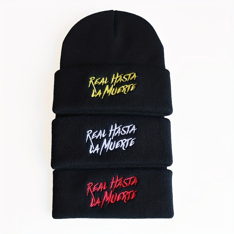 Stylish Windproof Knit Beanie Hat with Letter Embroidery