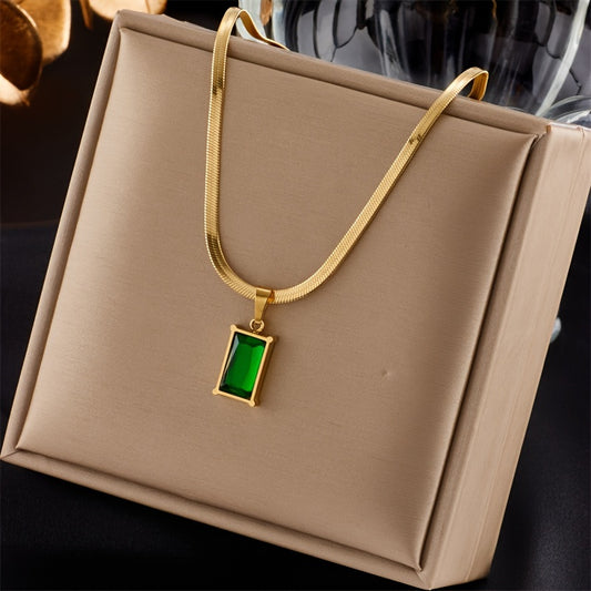 Green Crystal Zircon Necklace Stainless Steel