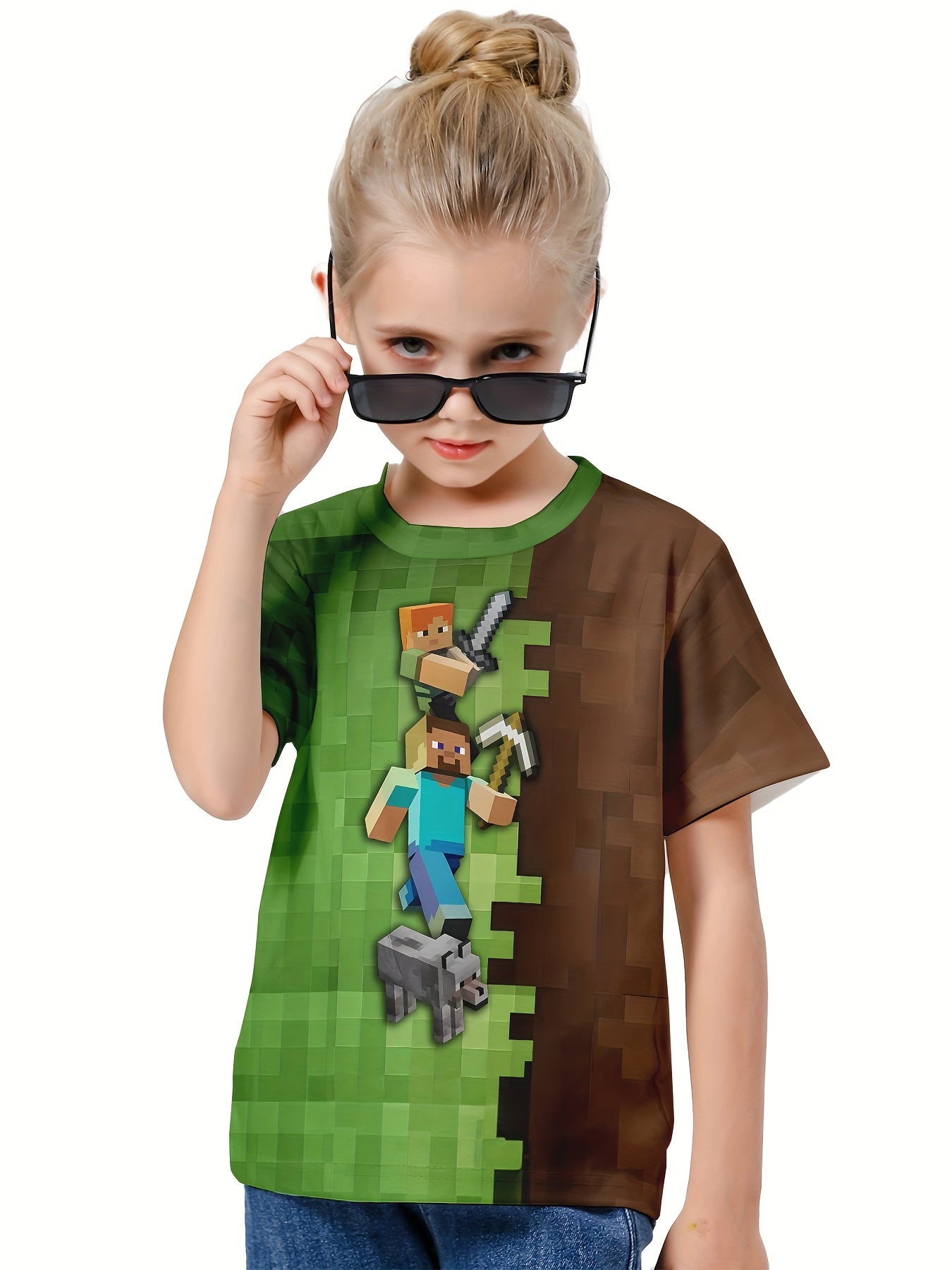 Kids Cartoon Game Graphic Short Sleeve T-shirt, Breathable & Sporty, Ages 4-14