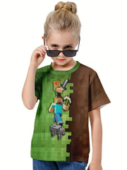 Kids Cartoon Game Graphic Short Sleeve T-shirt, Breathable & Sporty, Ages 4-14