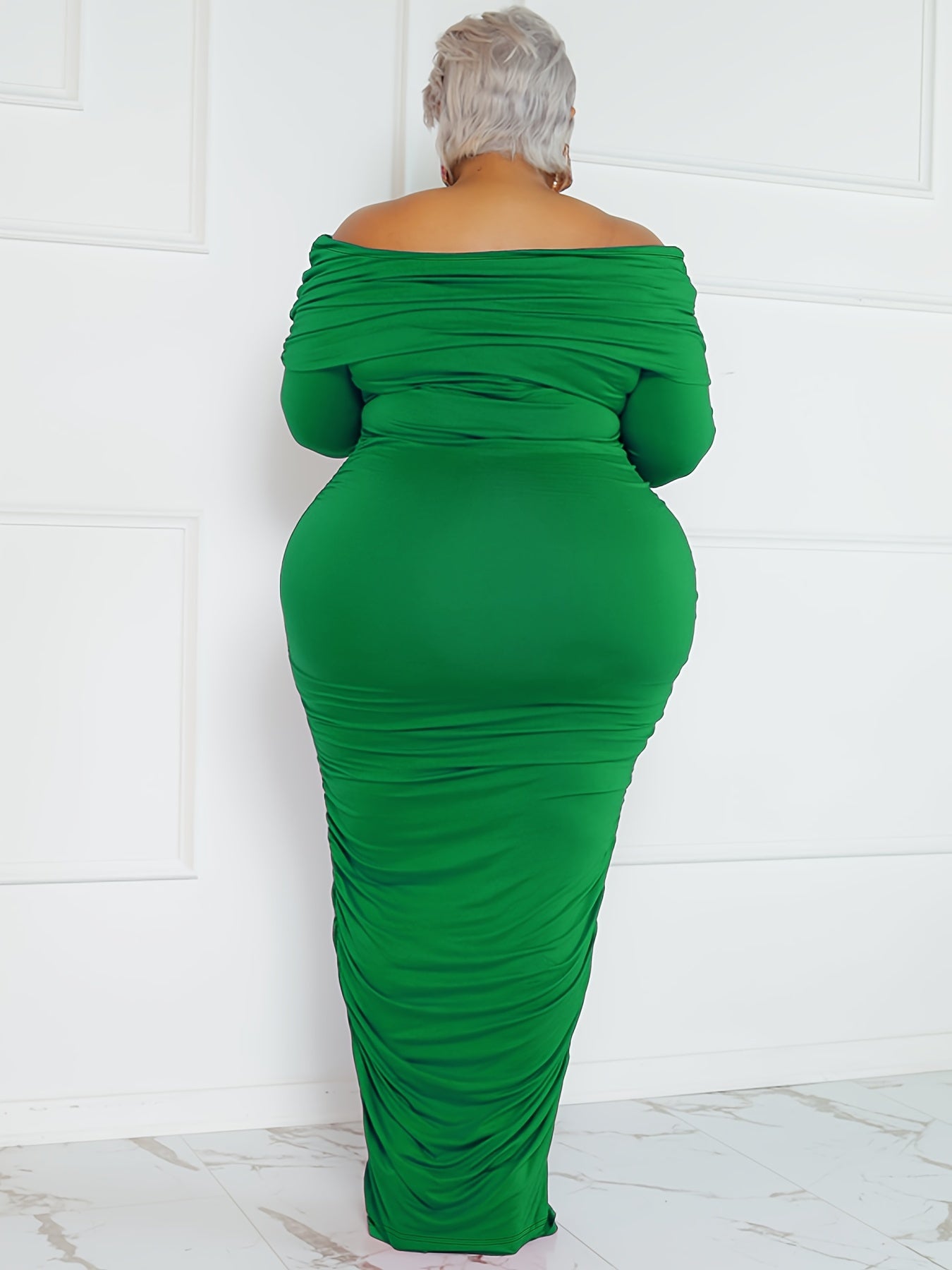 Solid Ruched Off Shoulder Bodycon Midi Dress