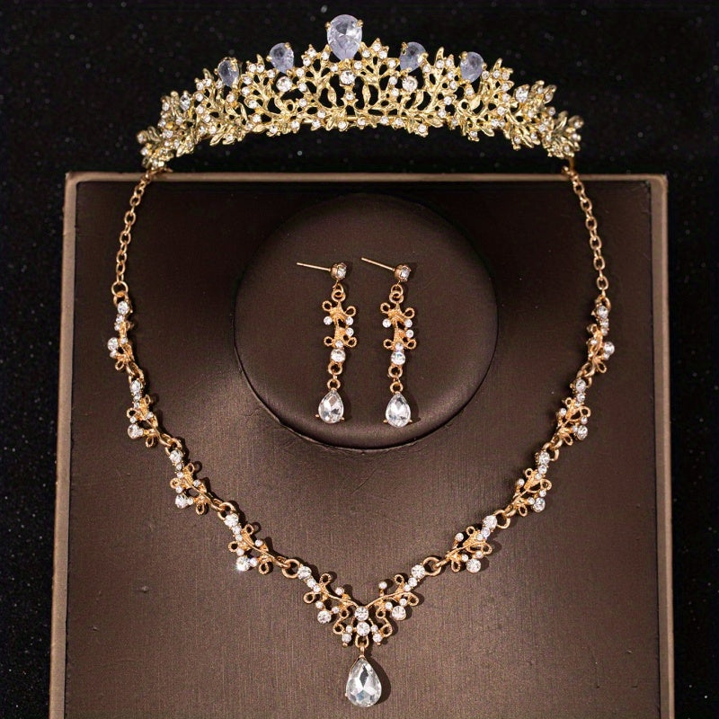 Crystal Leaf Bridal Jewelry Sets Rhinestone Crown Tiaras Necklace Earrings Set