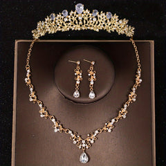 Crystal Leaf Bridal Jewelry Sets Rhinestone Crown Tiaras Necklace Earrings Set