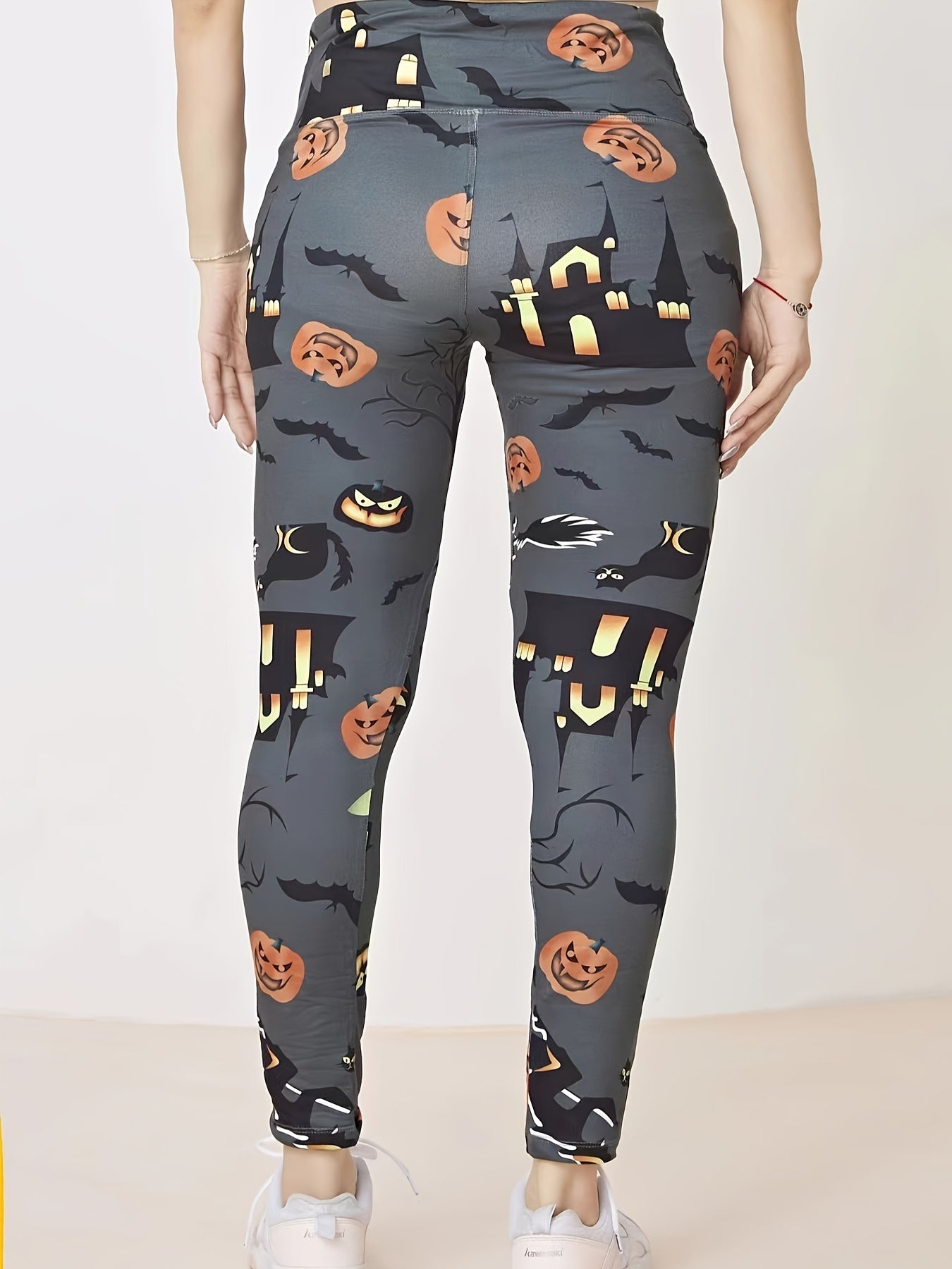 Halloween Sports Leggings Skull & Letter Print High Rise High Stretch