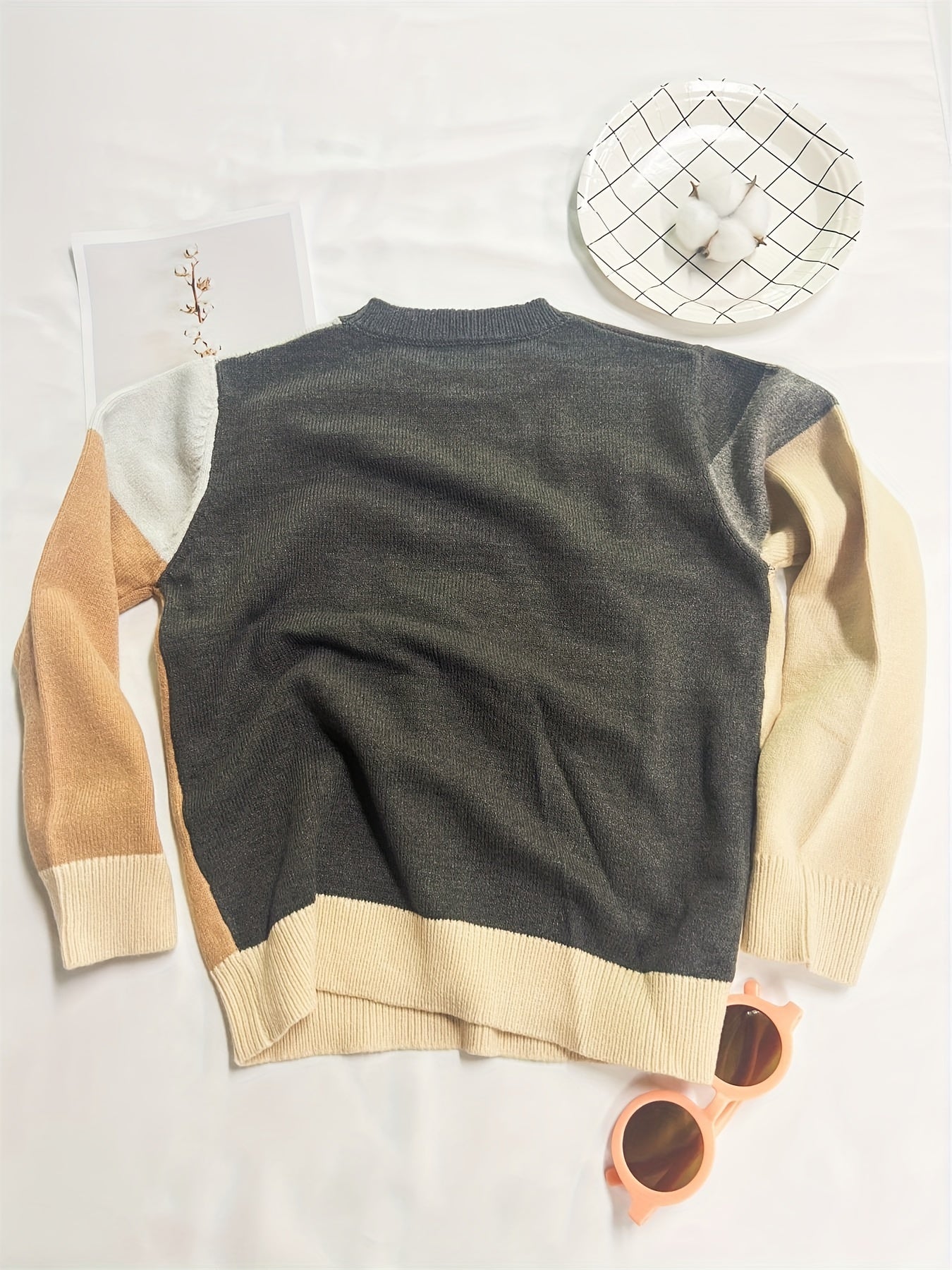 Boys Block Sweater Round Neck Stretch Knit Pullover Top