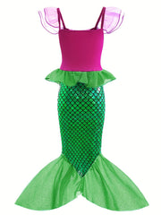 Girls Block Ruffle Trim Mermaid Princess Dress Costume Dress Up