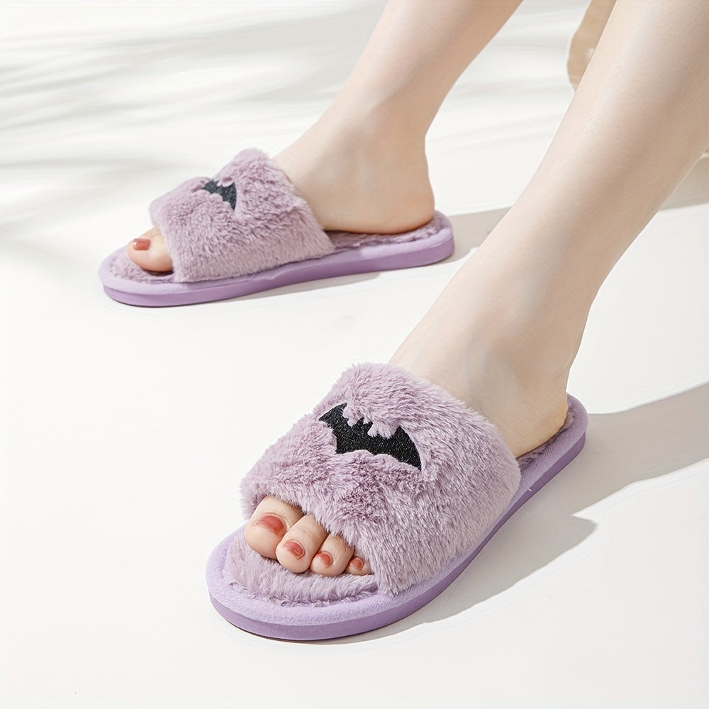 Purple Halloween Bat Embroidery Slippers Plush Lined Shoes