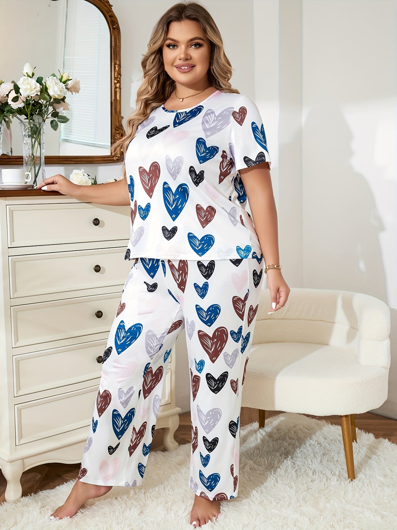 Heart Print Two Piece Loungewear Set