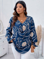 Women's Plus Chain Print Long Sleeve V Neck Cut Out Tunic Top