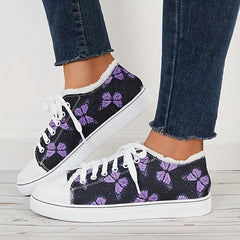 Purple Butterfly Print Lace Up Canvas Sneakers Low Cut Flat Board Shoes