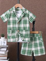Boys Plaid Suit Short Sleeve Shirt&Vest&Shorts Kids Summer Clothing