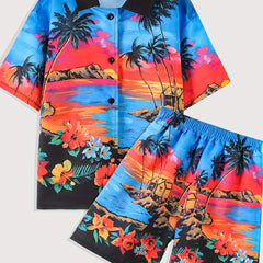 Boys Hawaii Coconut Tree Print Shirt&Shorts Set