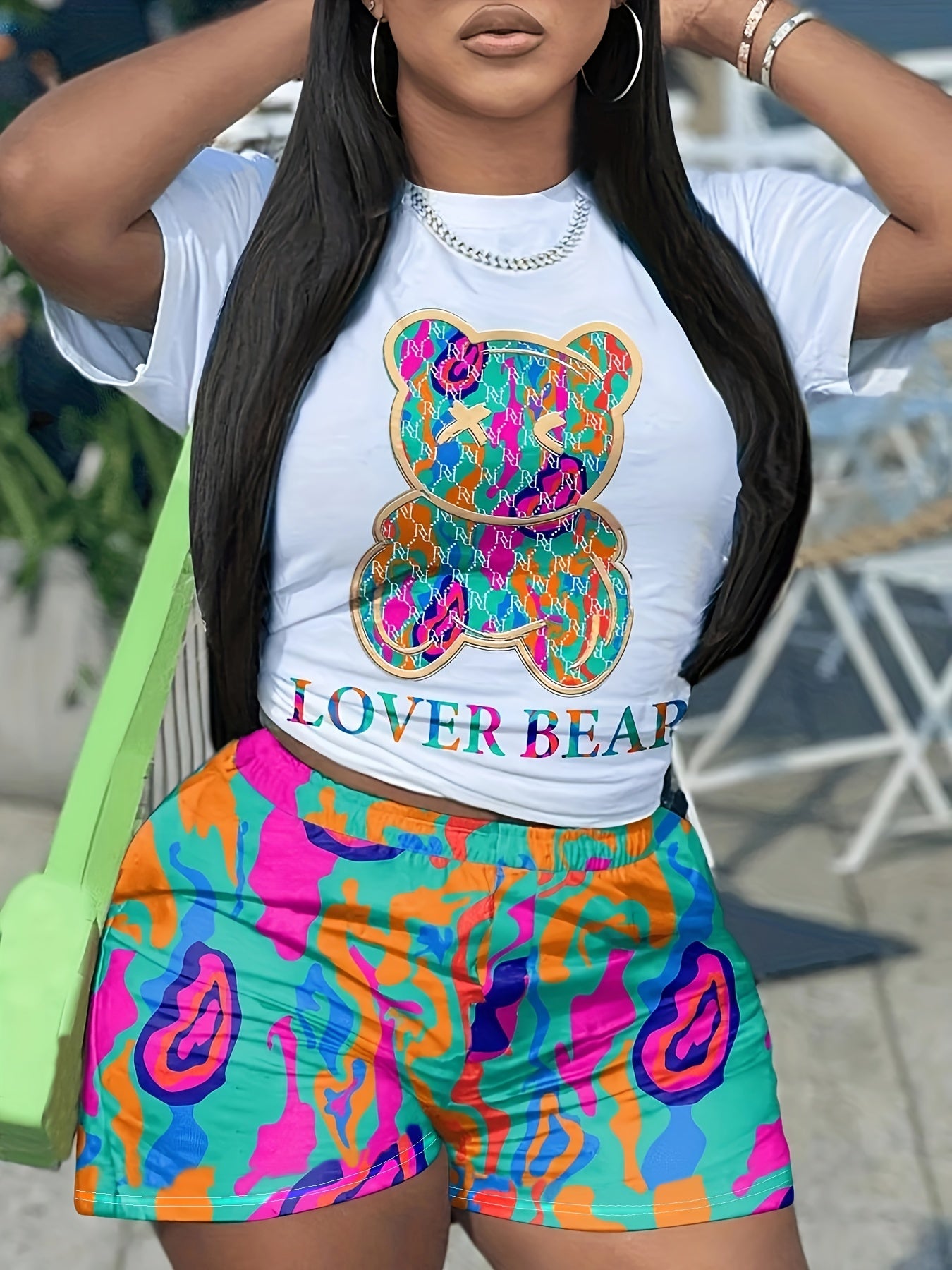 Cartoon Bear & Letter Print Crop Top & Shorts Set