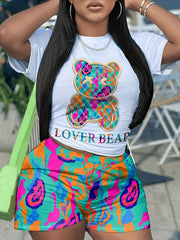 Cartoon Bear & Letter Print Crop Top & Shorts Set