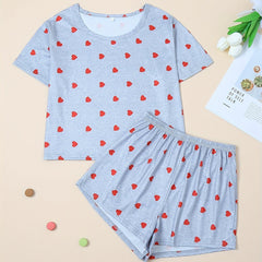 Heart Print Pajamas Set Short Sleeve Crew Neck Top & Shorts