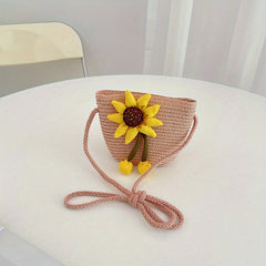 Girls Sunflower Straw Bag Crossbody Messenger Coin Purse