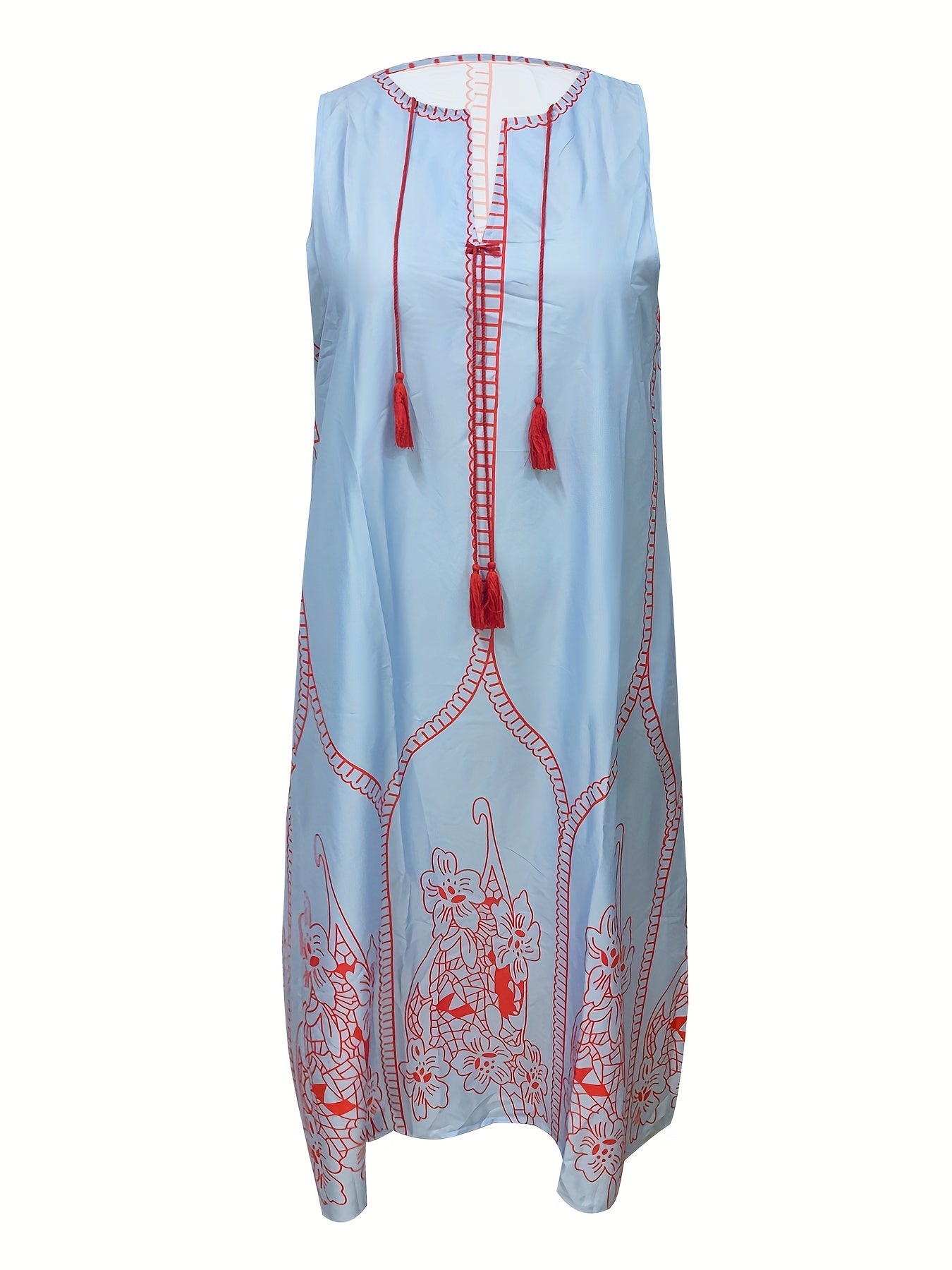 Women's Plus Floral Print Notched Neck Tassel Tank Dress