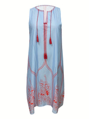Women's Plus Floral Print Notched Neck Tassel Tank Dress