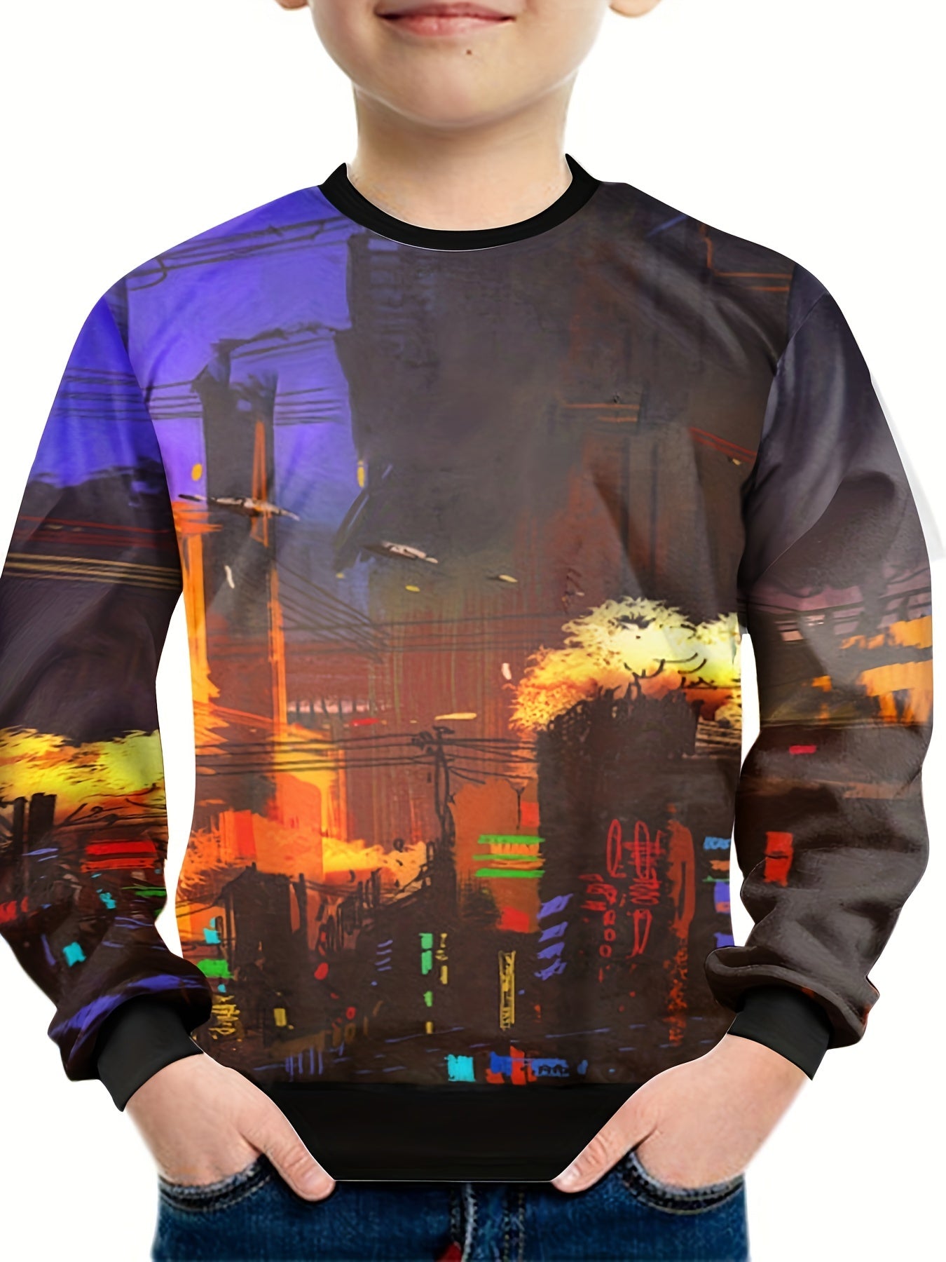 Boys City View Print Sweatshirt Street Wear Clothes