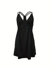 Solid V Neck Ruched Dress Sexy Spaghetti Strap