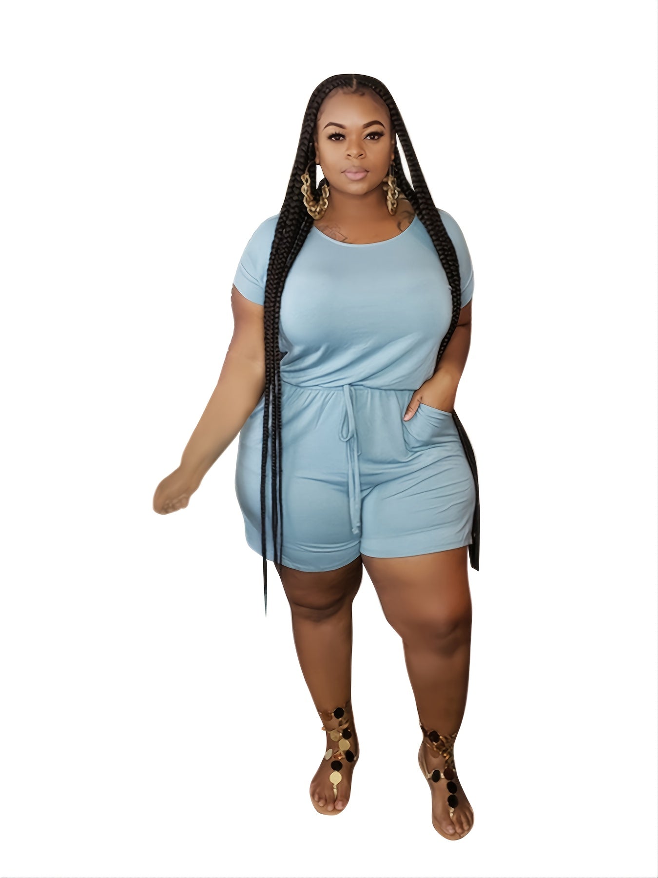 Short Sleeve Round Neck Romper Women's Stretch Casual Romper