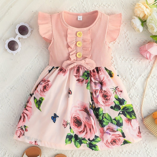 Girls Casual Stitching Dress Ribbed Fly Sleeve Ruffled Bow Dress