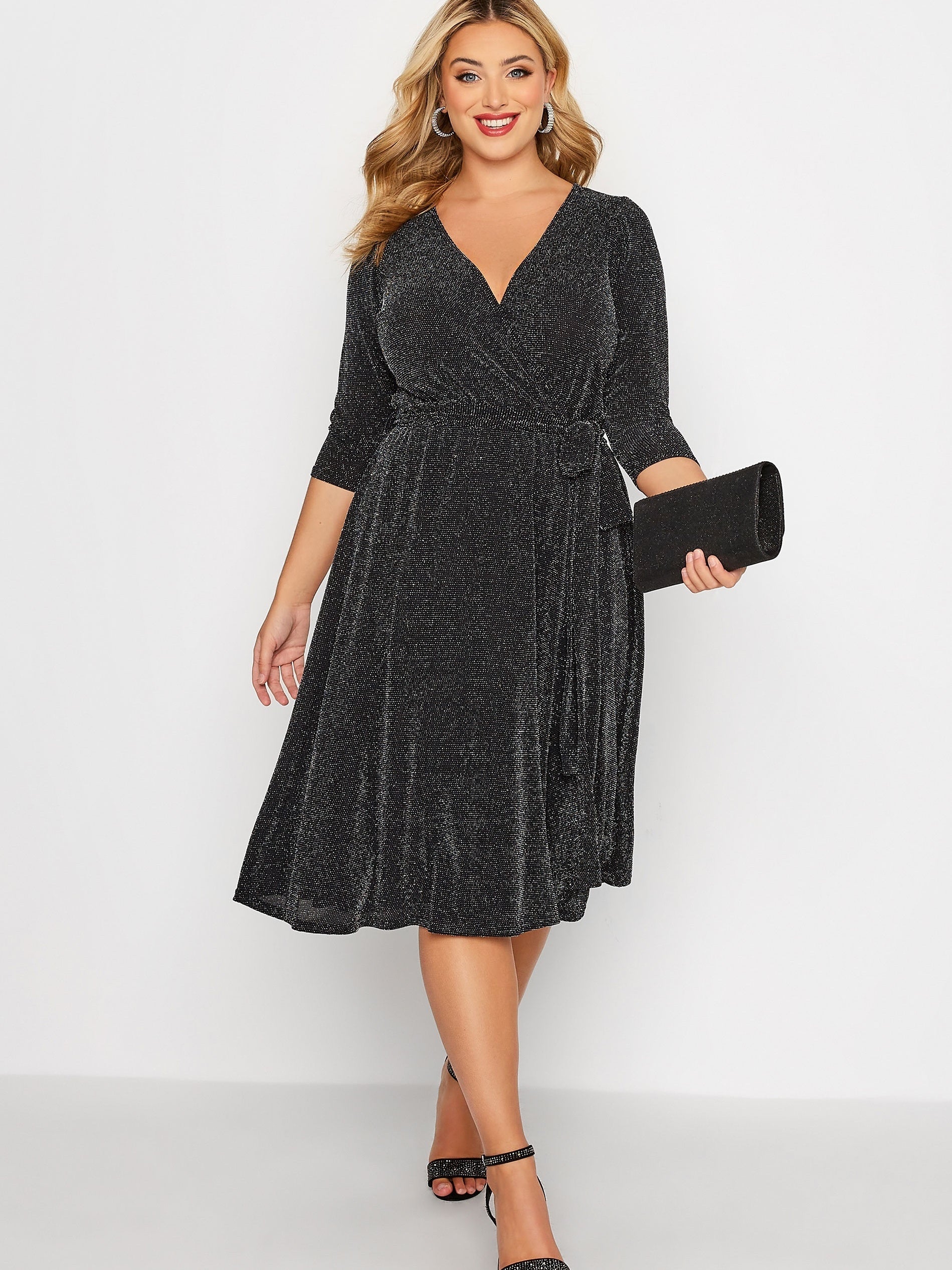 Sequin V Neck 3/4 Sleeve Midi Prom Dress Plus Size