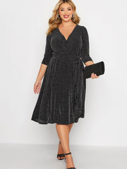 Sequin V Neck 3/4 Sleeve Midi Prom Dress Plus Size