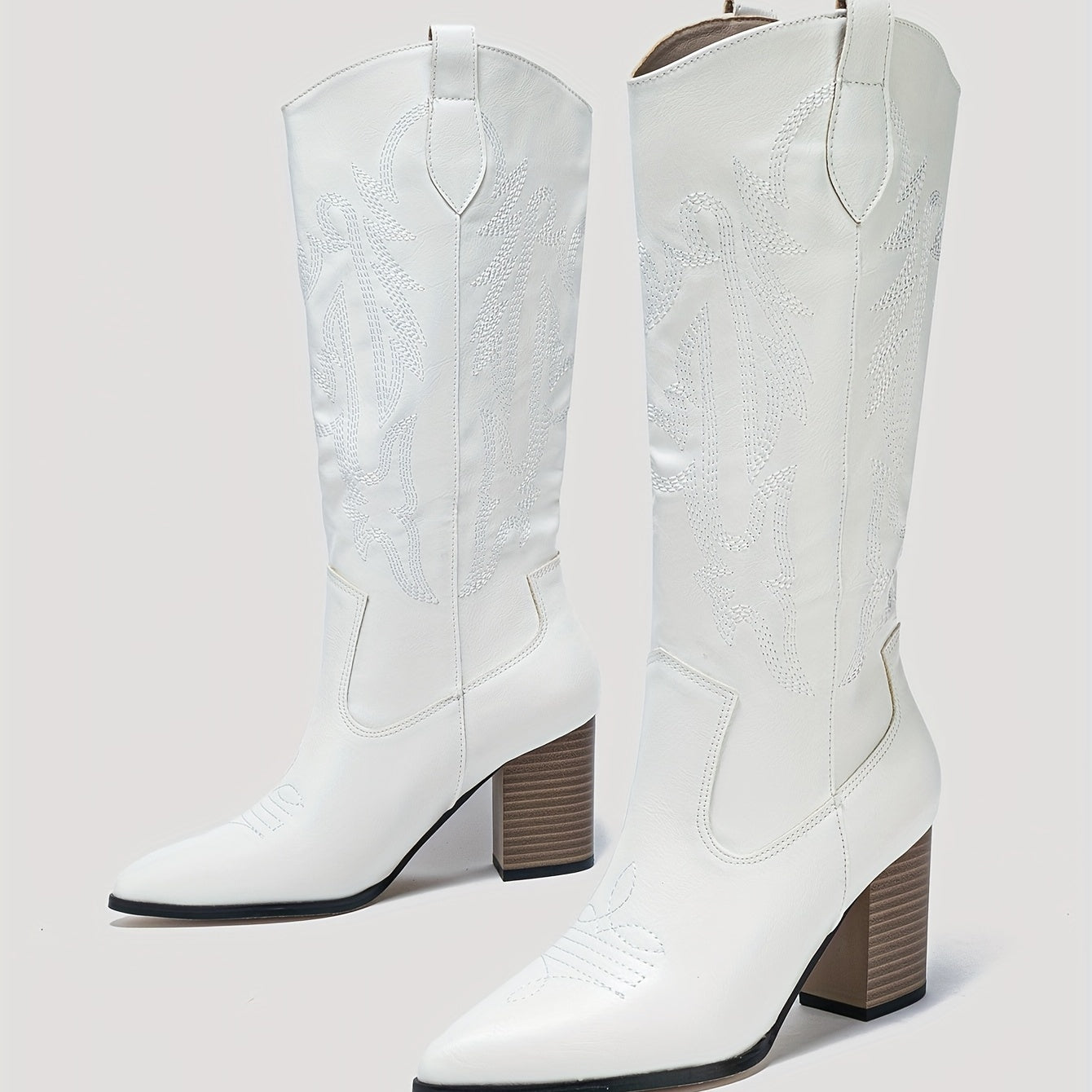 Women's Embroidered Cowboy Boots Block Heel V Cut Knee High Western Boots