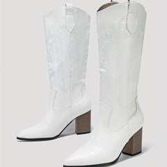 Women's Embroidered Cowboy Boots Block Heel V Cut Knee High Western Boots