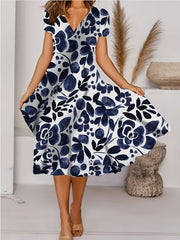 Floral A Line Dress V Neck Short Sleeve Midi