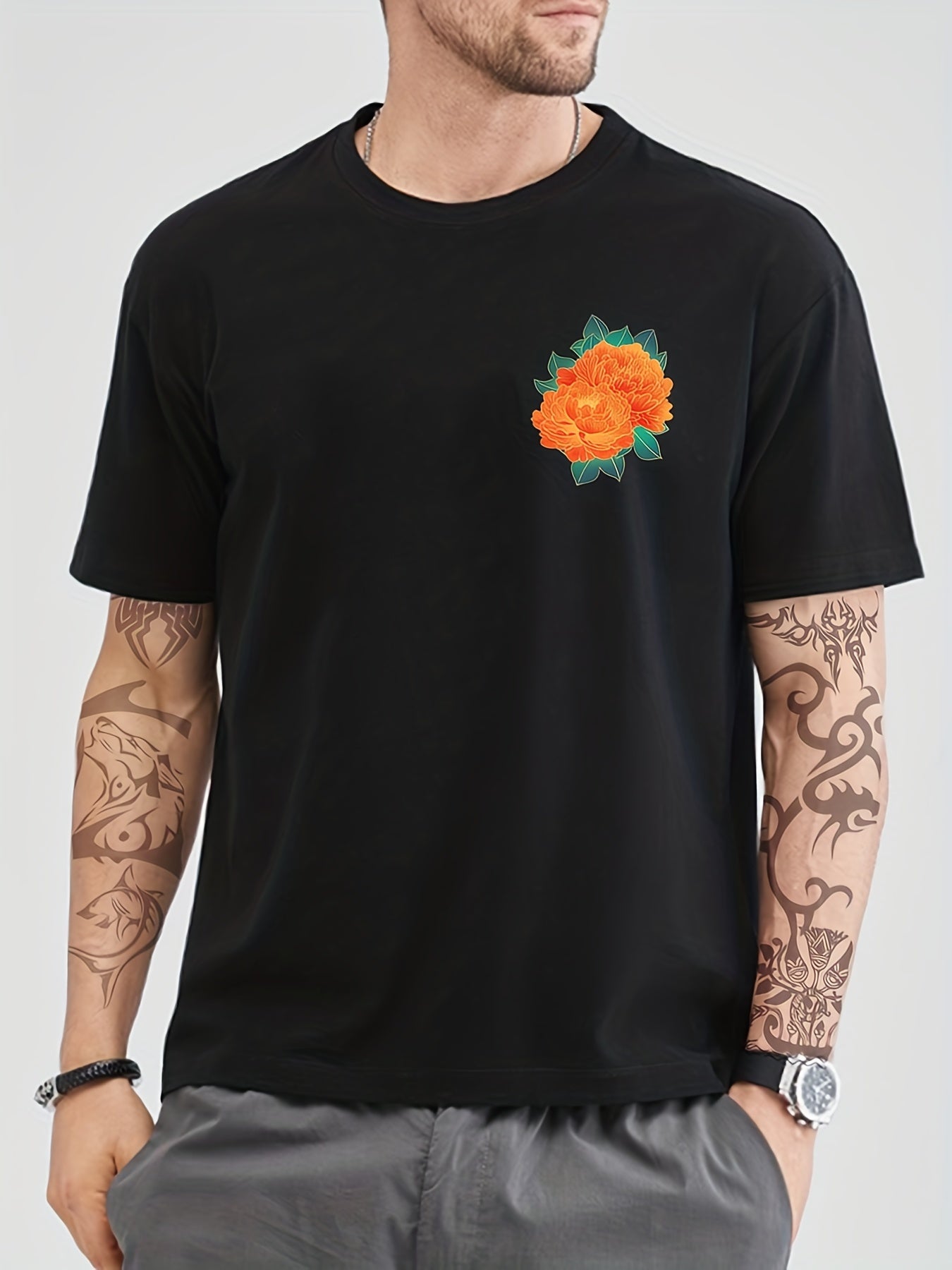 Cotton Flower Print Men's Graphic Crew Neck Tshirt Summer Casual Tees