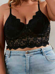 Plus Floral Lace Longline Bralette Semi Sheer Scalloped Trim Plus Size