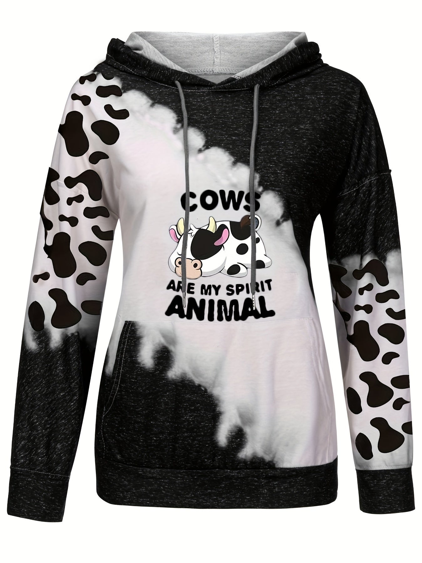 Cow Print Kangaroo Pocket Hoodie Long Sleeve Hoodies Sweatshirt