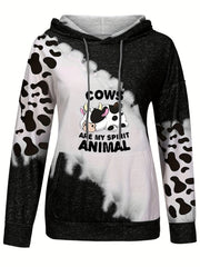Cow Print Kangaroo Pocket Hoodie Long Sleeve Hoodies Sweatshirt