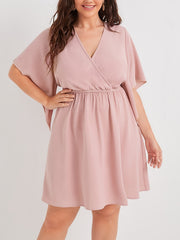 Solid Bell Sleeve Surplice Neck Mini Dress