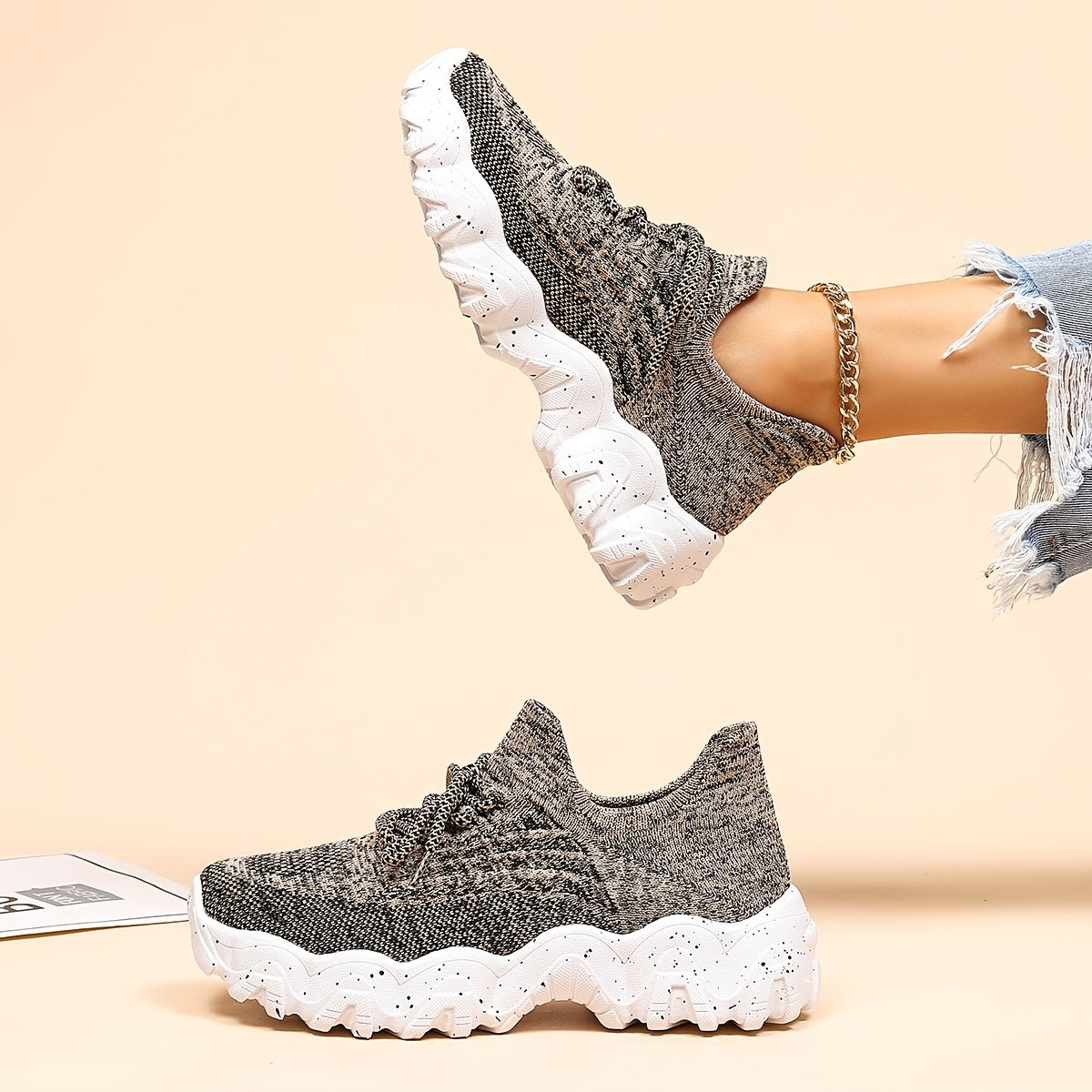 Women's Platform Knit Sneakers Low Top Lace Up Casual Shoes