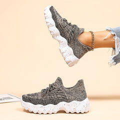 Women's Platform Knit Sneakers Low Top Lace Up Casual Shoes