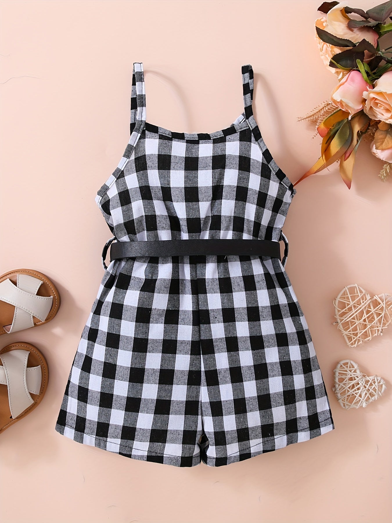 Toddler Girls Plaid Cami Rompers Jumpsuits With Belt