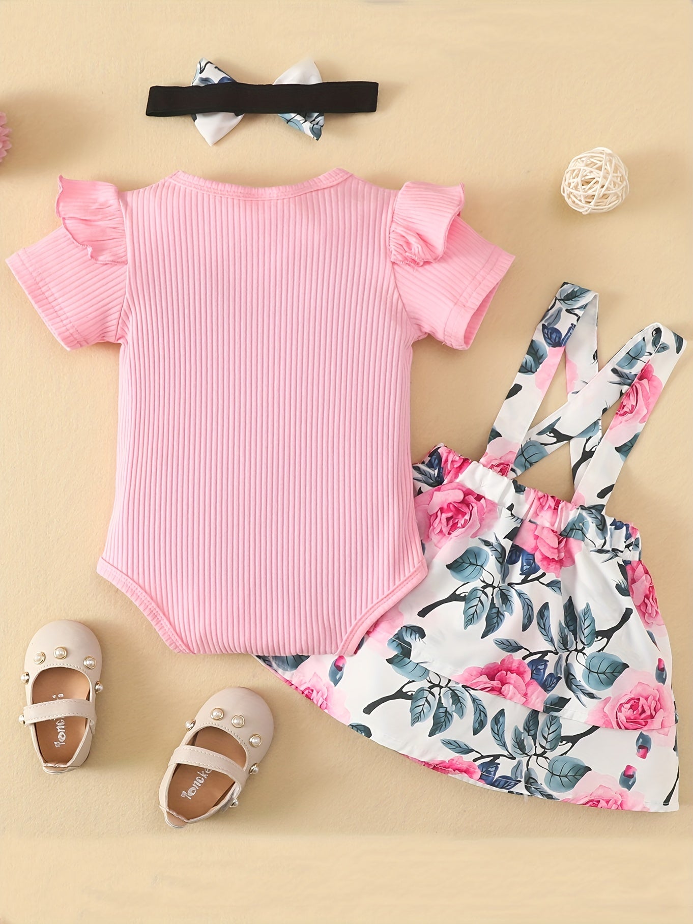 3pcs Baby Girls Short Sleeve Onesie & Floral Suspender Skirt Set
