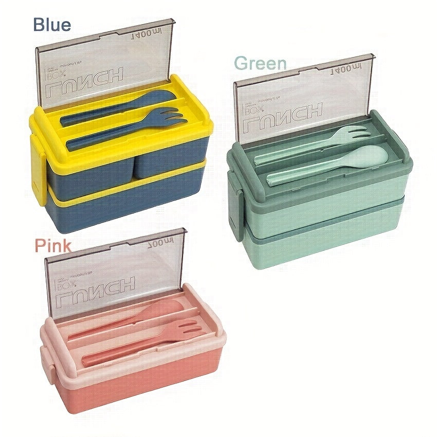 1pc 2-Tier Lunch Box with Cutlery Set Leak Proof Bento Box