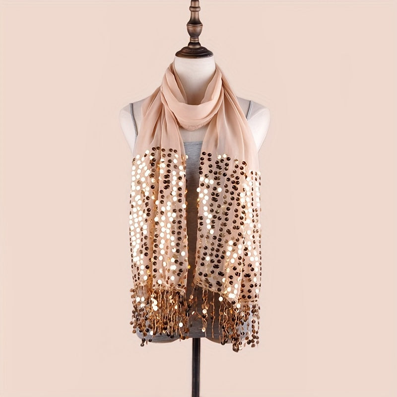 Sequin Decor Tassel Shawl Long Scarf Embroidery Lace Wrap Chiffon Scarves
