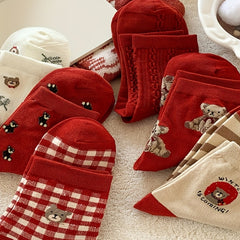 6 Pairs Cartoon Bear Print Socks - Chinese Year Women's Stockings