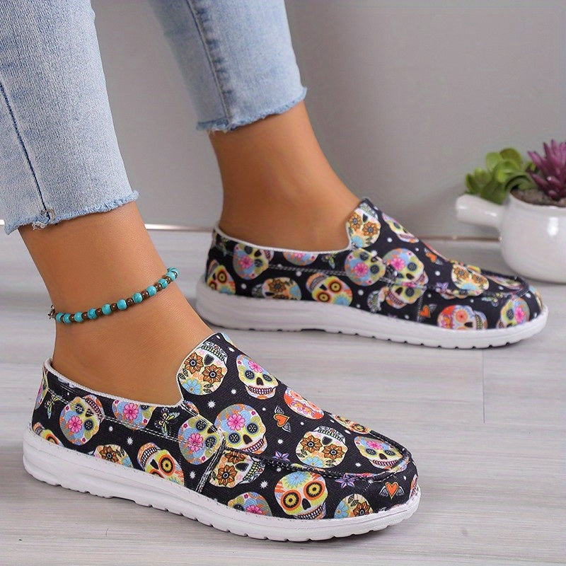Women's Skull Ghost Pattern Slip on Loafers Lightweight Non slip Flat Shoes