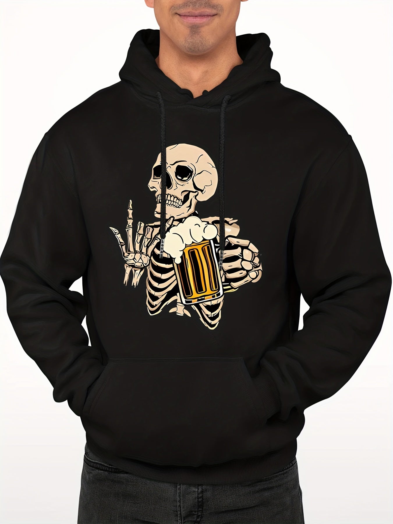 Skeleton Beer Print Hoodie Men's Pullover Sweatshirt