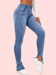 High Waist Skinny Jeans Split High Rise Slim Fit Slash Pockets Denim Pants