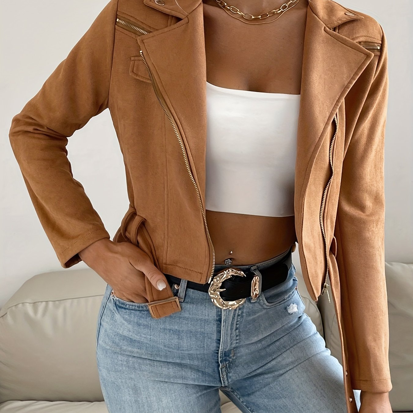 Solid Zip Up Biker Jacket Casual Lapel Long Sleeve Crop Jacket